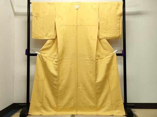 平和屋着物●上質な色無地　鏡裏花地紋　支子色　ロング丈　正絹　逸品　未使用　CABD9158gh 平和屋着物○上質な色無地 鏡裏花地紋 支子色 ロング丈 正絹 逸品 未