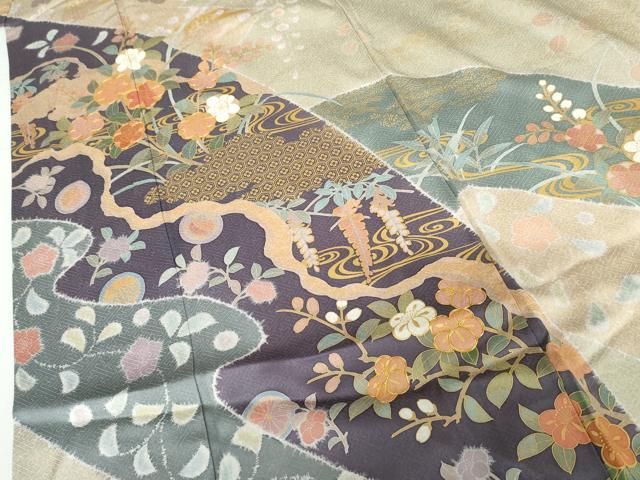 平和屋着物○訪問着 作家物 雪花 辻が花 駒刺繍 流水枝花文 金彩 正絹