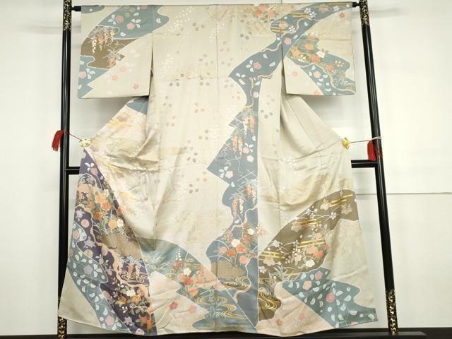 平和屋着物●訪問着　作家物　雪花　辻が花　駒刺繍　流水枝花文　金彩　正絹　逸品　AABH3683cs 平和屋着物○訪問着 作家物 雪花 辻が花 駒刺繍 流水枝花文 金彩 正絹