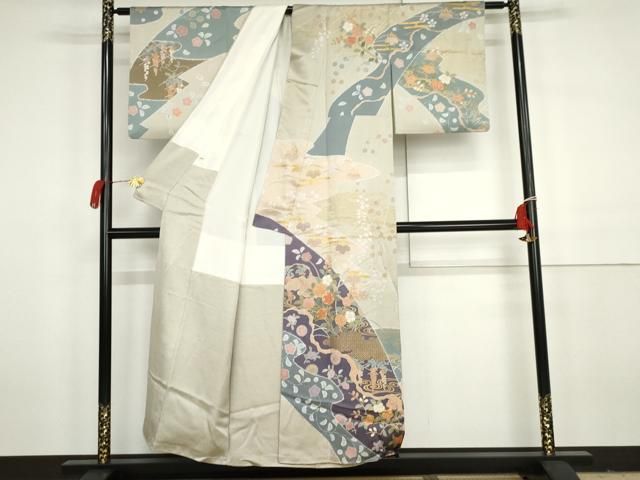 平和屋着物○訪問着 作家物 雪花 辻が花 駒刺繍 流水枝花文 金彩 正絹