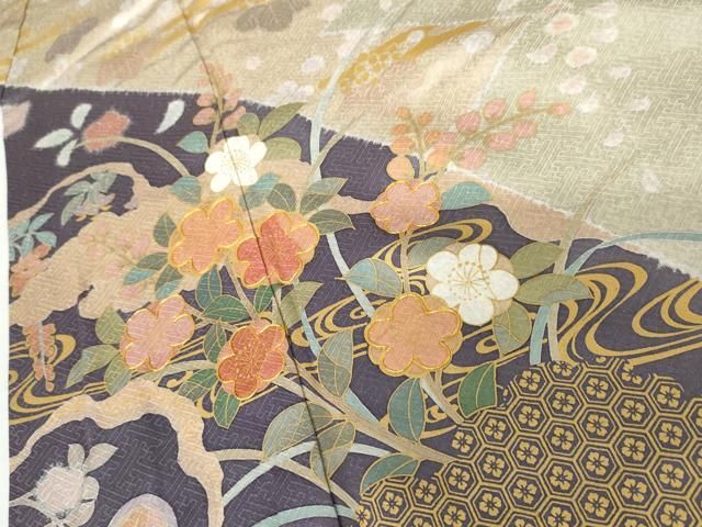 平和屋着物●訪問着　作家物　雪花　辻が花　駒刺繍　流水枝花文　金彩　正絹　逸品　AABH3683cs 平和屋着物○訪問着 作家物 雪花 辻が花 駒刺繍 流水枝花文 金彩 正絹