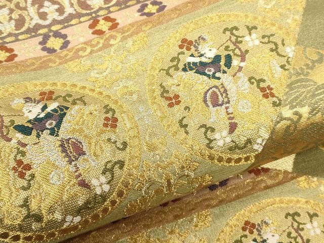 平和屋着物●田中工芸織物 祥園謹製　六通柄袋帯　唐織　市松鳳凰草花文　金糸　正絹　逸品　CABD0528hy 平和屋着物◎六通柄袋帯 鳳凰唐草文 手織 金糸 引箔 正絹 逸品