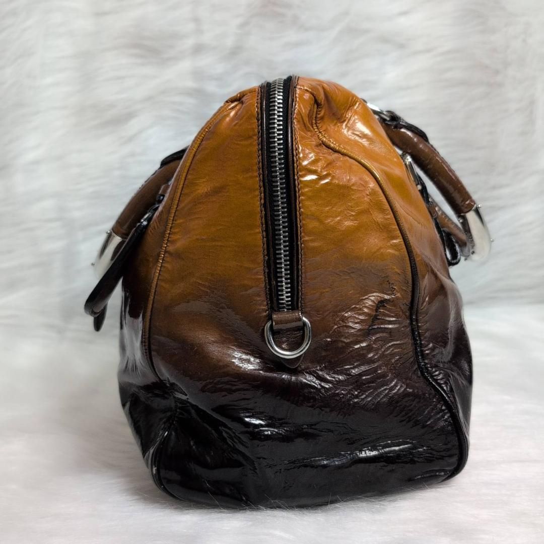美品】PRADA エナメル ミニボストン ハンドバッグ ツートン シルバー 