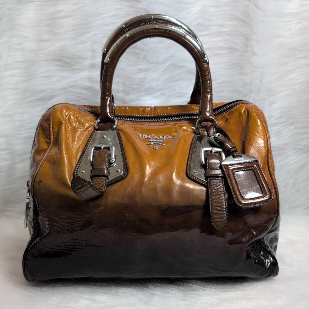美品】PRADA エナメル ミニボストン ハンドバッグ ツートン シルバー 