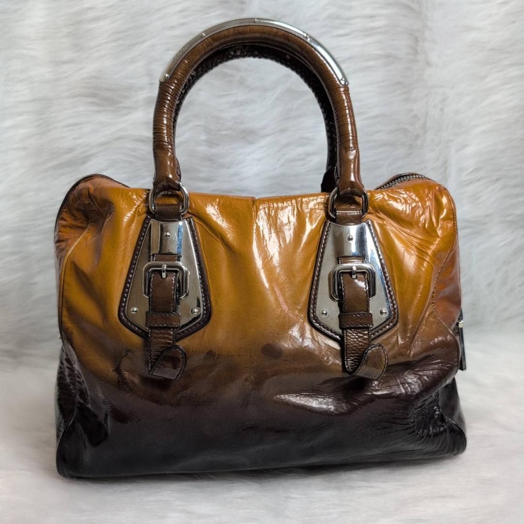 美品】PRADA エナメル ミニボストン ハンドバッグ ツートン シルバー 