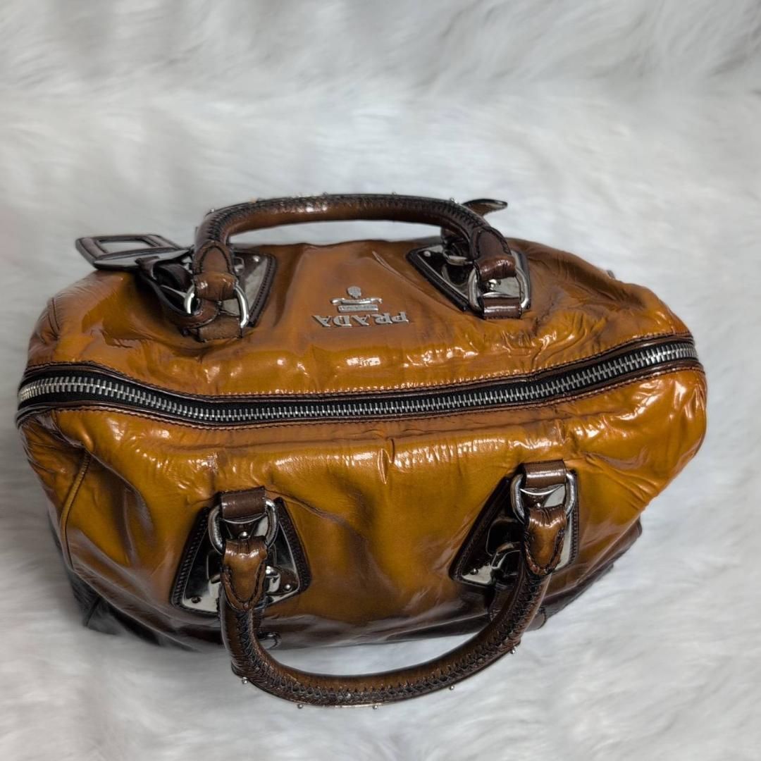 美品】PRADA エナメル ミニボストン ハンドバッグ ツートン シルバー 