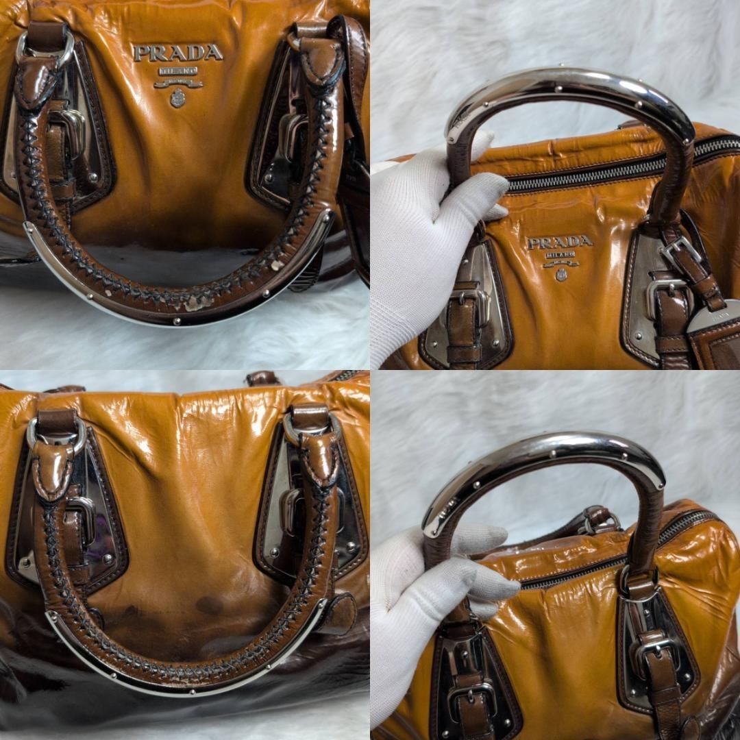 美品】PRADA エナメル ミニボストン ハンドバッグ ツートン シルバー 