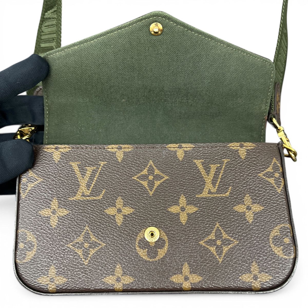 LOUIS VUITTON 極美品 ルイヴィトンミュルティ ポシェット フェリシー モノグラム ショルダーバッグ M80091 PVC RFID確認済 ブラウン カーキグリーン クロスボディ ミニバッグ LV ヴィトン Aランク 中古 鑑定済 ヴィトンバッグ LOUIS VUITTON - LOUIS VUITTON 極美品 ルイヴィトンミュルティ