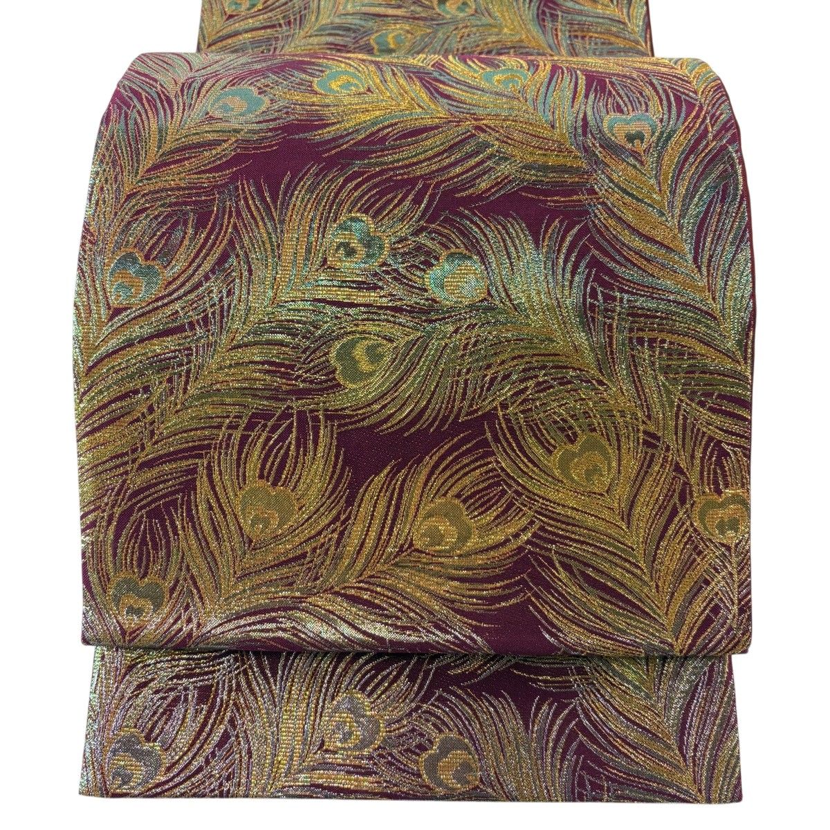 美品】 袋帯 秀品 孔雀の羽根 箔 金糸 赤紫 全通 正絹 【中古】 - メルカリ