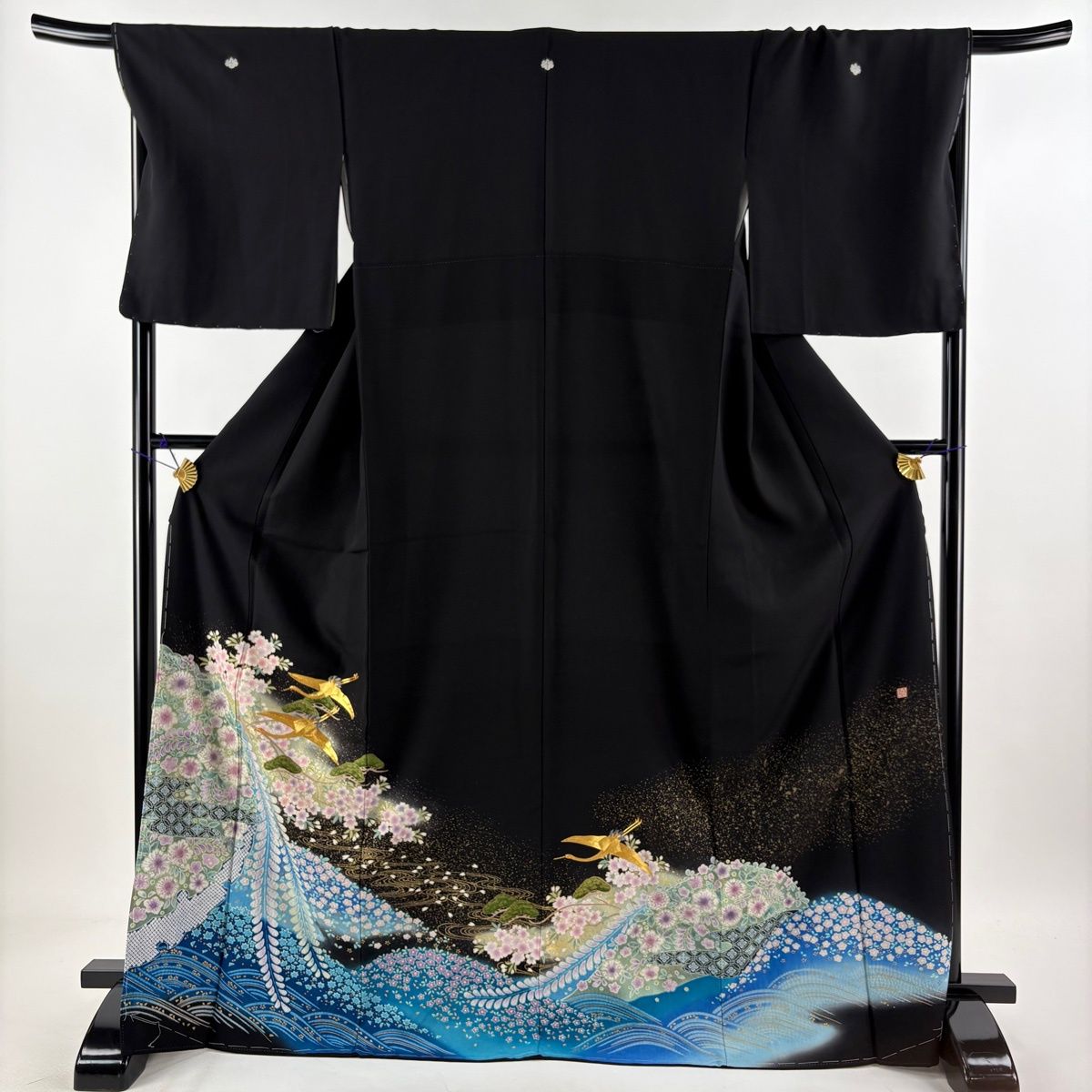 黒留袖 身丈170cm 裄丈69cm L 袷 袋帯フルセット 落款 鶴 松 金糸 金彩