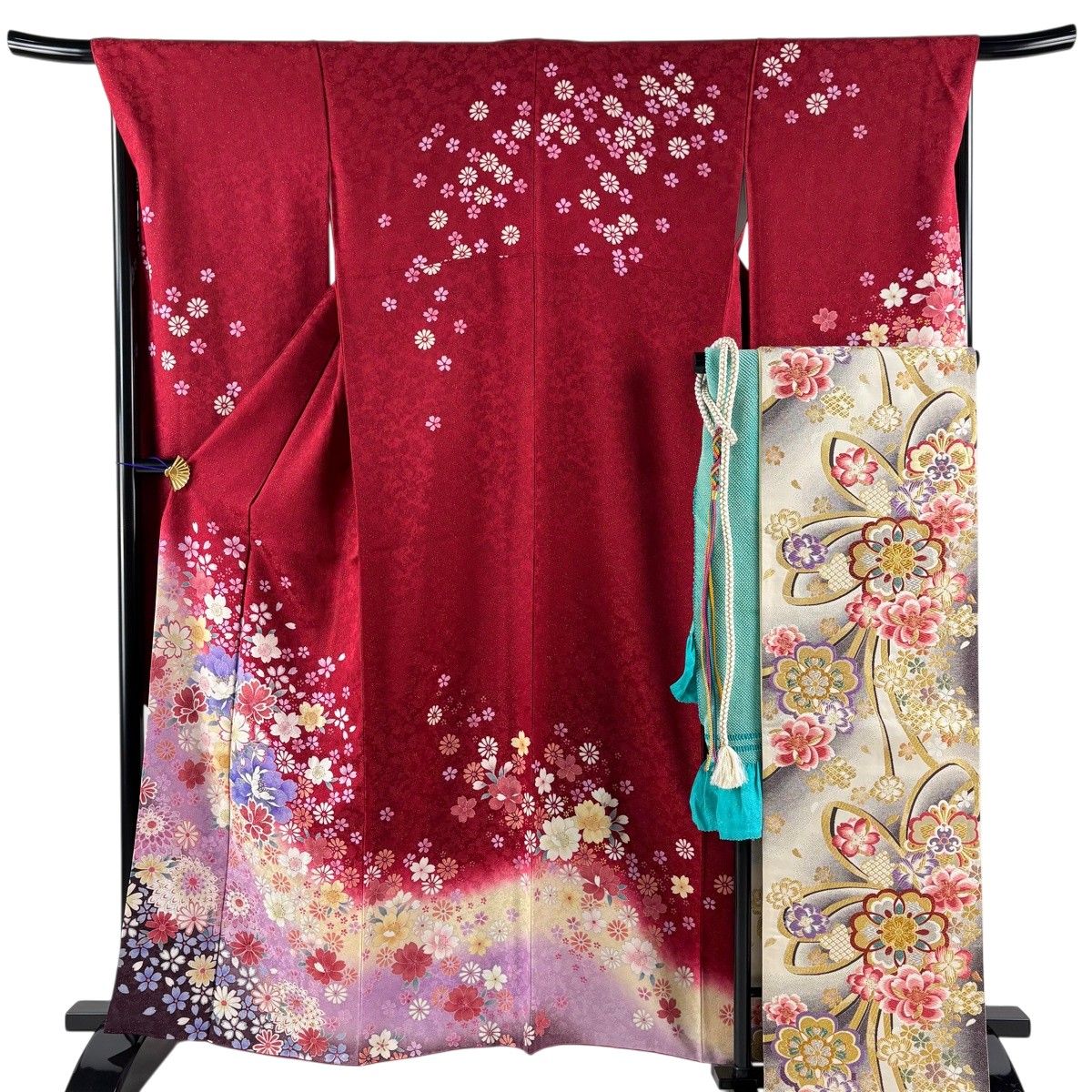 【美品】 振袖 身丈161.5cm 裄丈68cm L 袷 袋帯フルセット 草花 桜 金通し 箔箔 赤 正絹 名品 【】