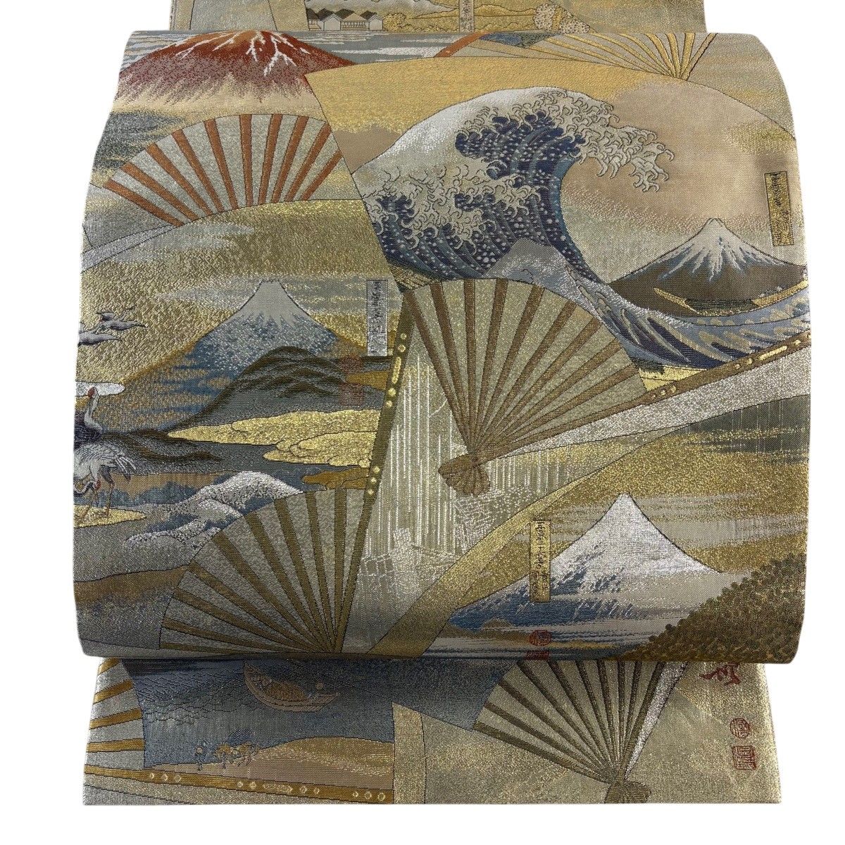 丸帯 名品 北斎 富嶽三十六景 金銀糸 箔 金色 お太鼓柄 正絹 【中古】