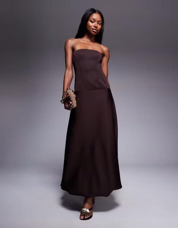 エイソス レディース トップス ワンピース マキシワンピース マキシ  DESIGN dropped waist puffball maxi dress in chocolate Chocolate チョコレート