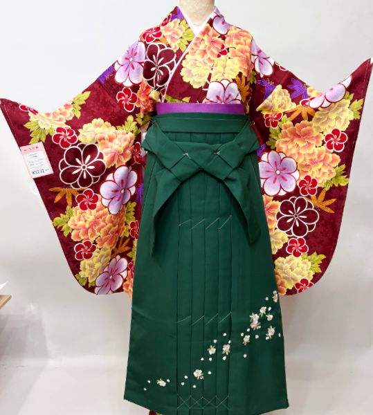 二尺袖 着物袴フルセット ジュニア用へ直し 135～150cm えんじ色 仕立て上がり 綸子地 合繊 袴変更可能 NO43272-2