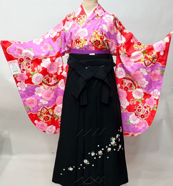 二尺袖 着物袴フルセット ジュニア用へ直し 135～150cm 珊瑚色×藤色 