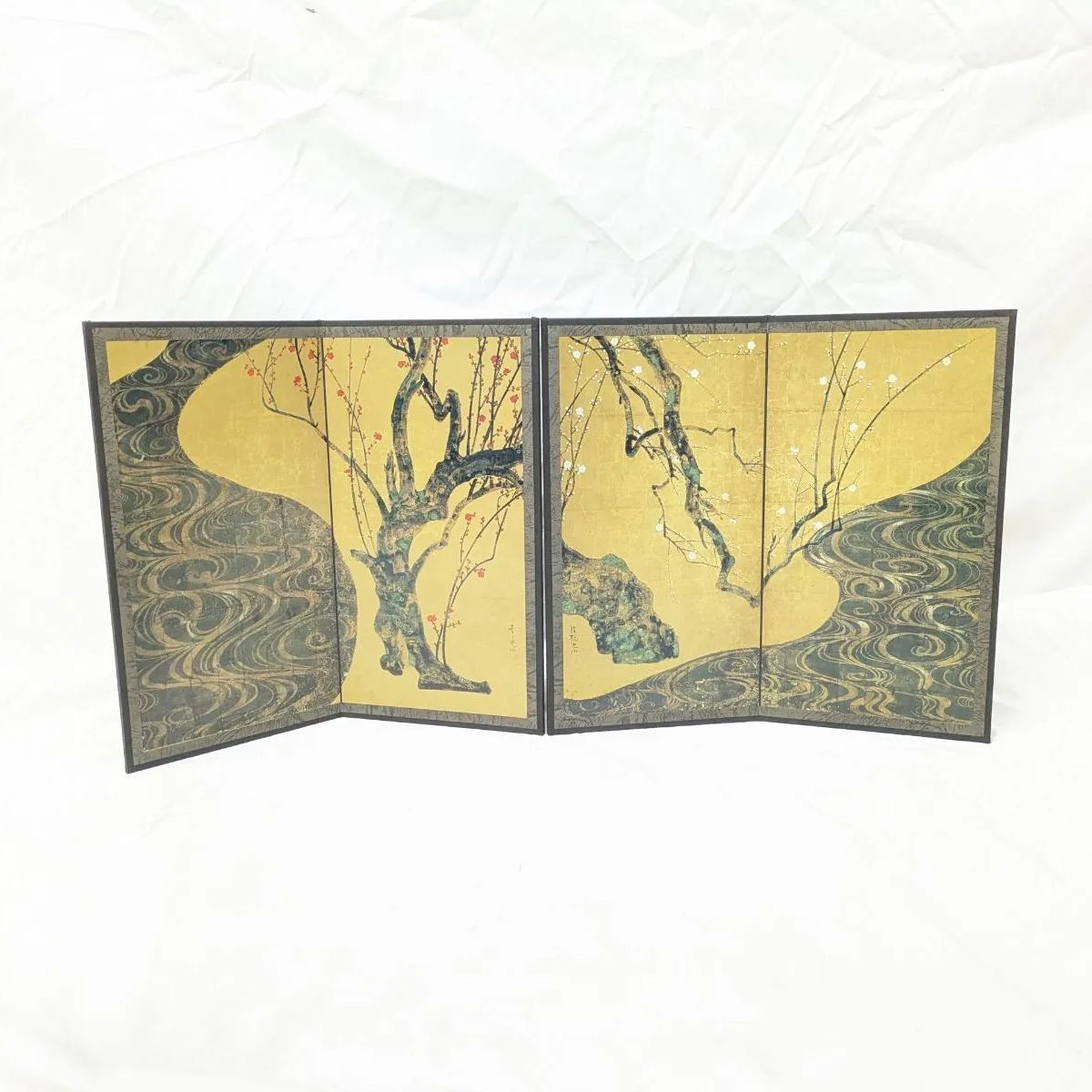 極美品 国宝 紅白梅図屏風 尾形光琳 ミニ飾り屏風 二曲一雙 レプリカ