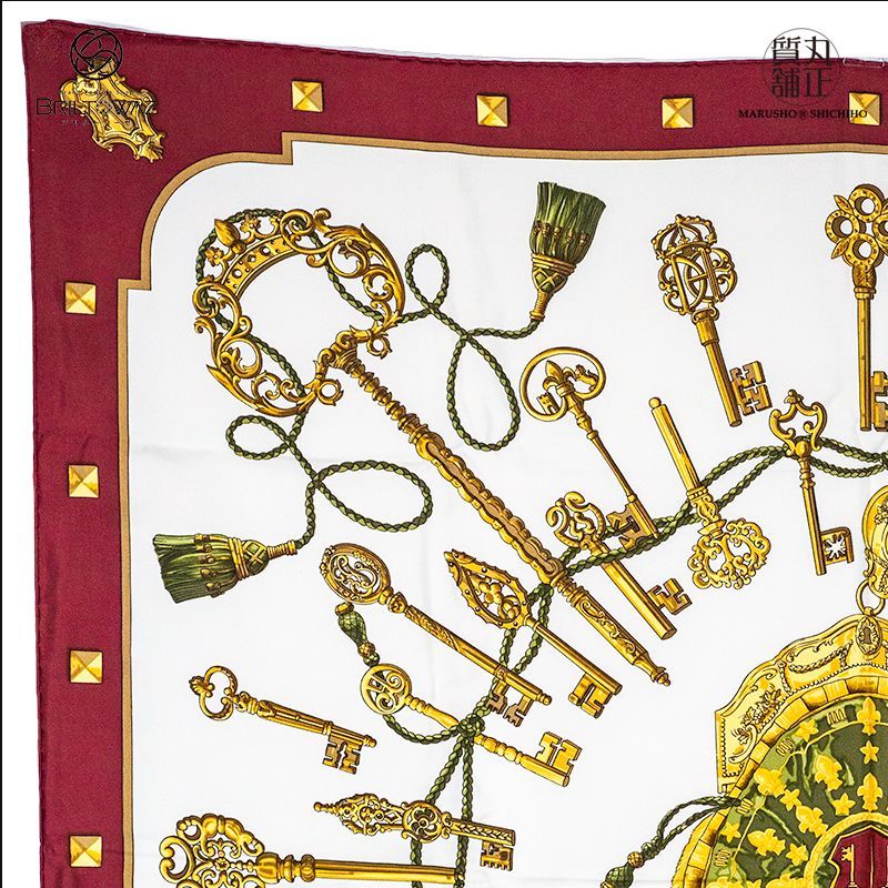 エルメス カレ90《LES CLES THE KEYS RARE》 (鍵） エンジ 白