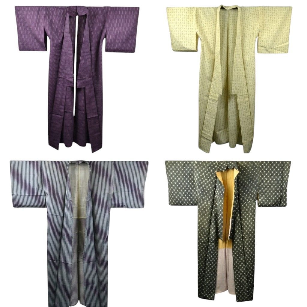 豪華4点セット】正絹 本場大島紬 紬 着物 まとめ売り 縦縞 格子 幾何学