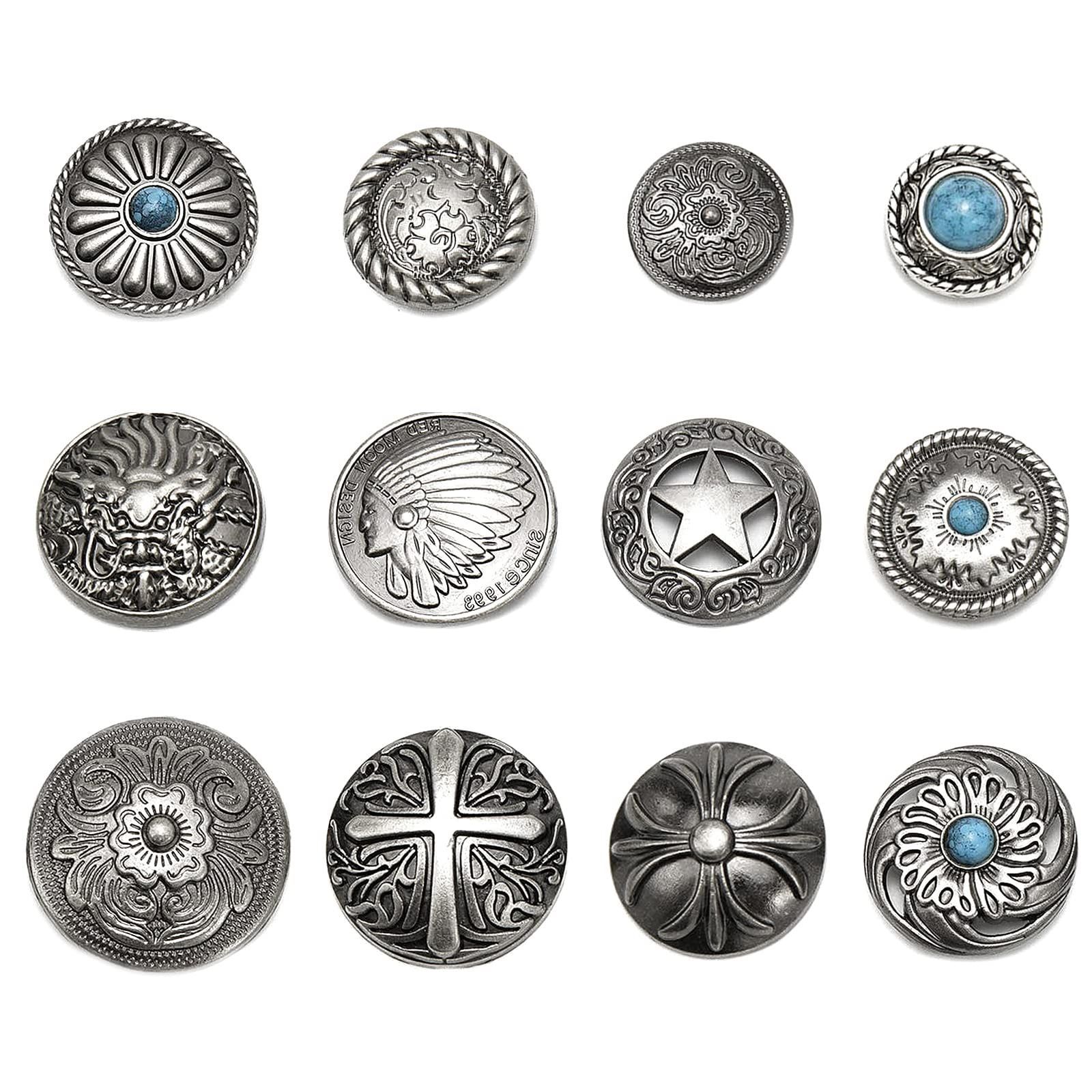 Samkos 12팩 콘초 버튼 20mm-32mm 스크류온 인디언 크로스 터콰이즈 아라베스크 드래곤 오각형 스타 크래프트 가죽 공예 가방 지갑 수공예품 DIY 바느질 장식 단추 교체 및 설치가 용이함