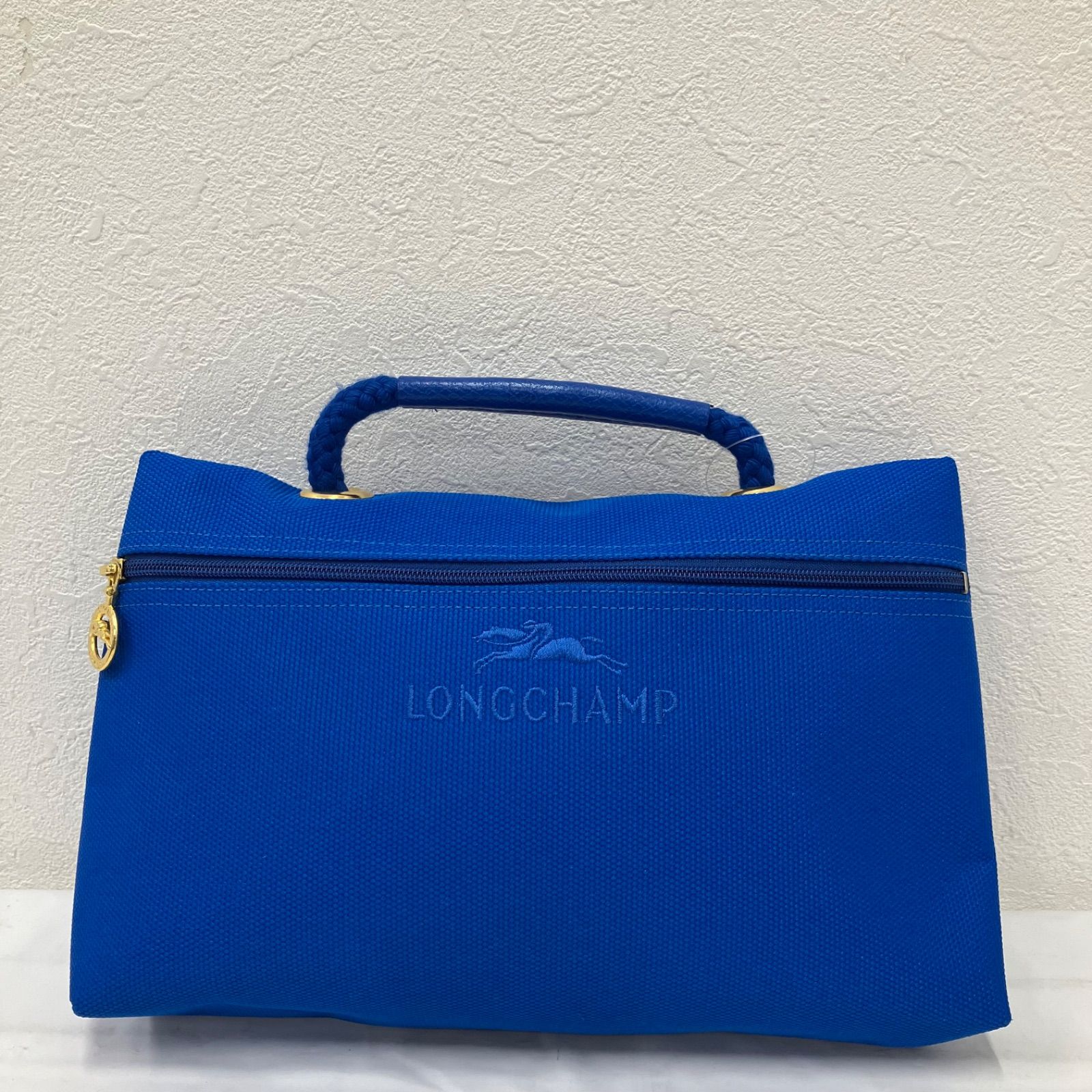 1858 LONGCHAMP ロンシャン ハンドバッグ ポーチ ブルー 青 刺繍 ロゴ 