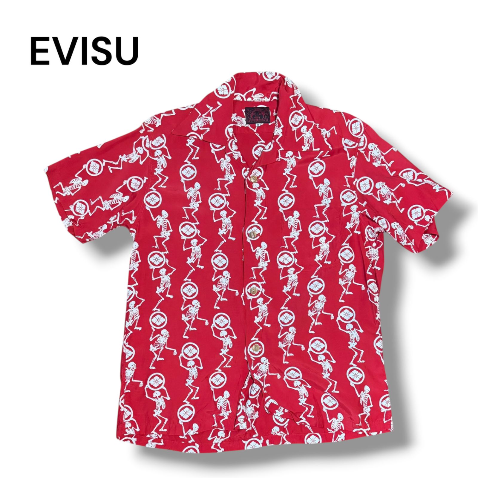 激レア　Evisu 開襟妖怪シャツ EVISU スカル 総柄 アロハシャツ 赤 開襟 半袖 レーヨン 和柄 ドクロ