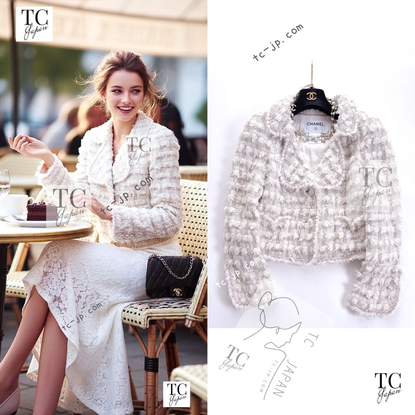 シャネル ジャケット CHANEL アイボリー グレー ウール ツイード 