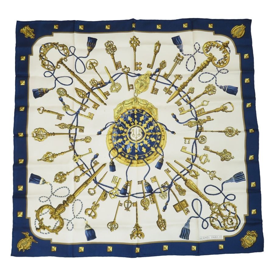 HERMES エルメス カレ90 スカーフ LES CLES『鍵』シルク100％ ネイビー