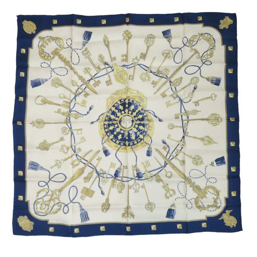 HERMES エルメス カレ90 スカーフ LES CLES『鍵』シルク100％ ネイビー