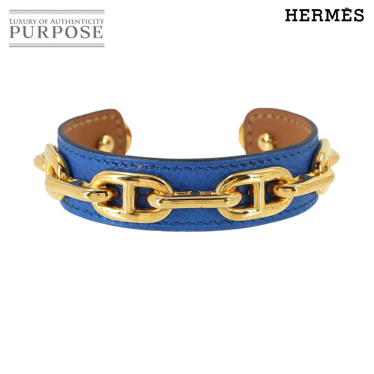 新品同様 エルメス HERMES シェーヌダンクル レザー バングル ブルー 