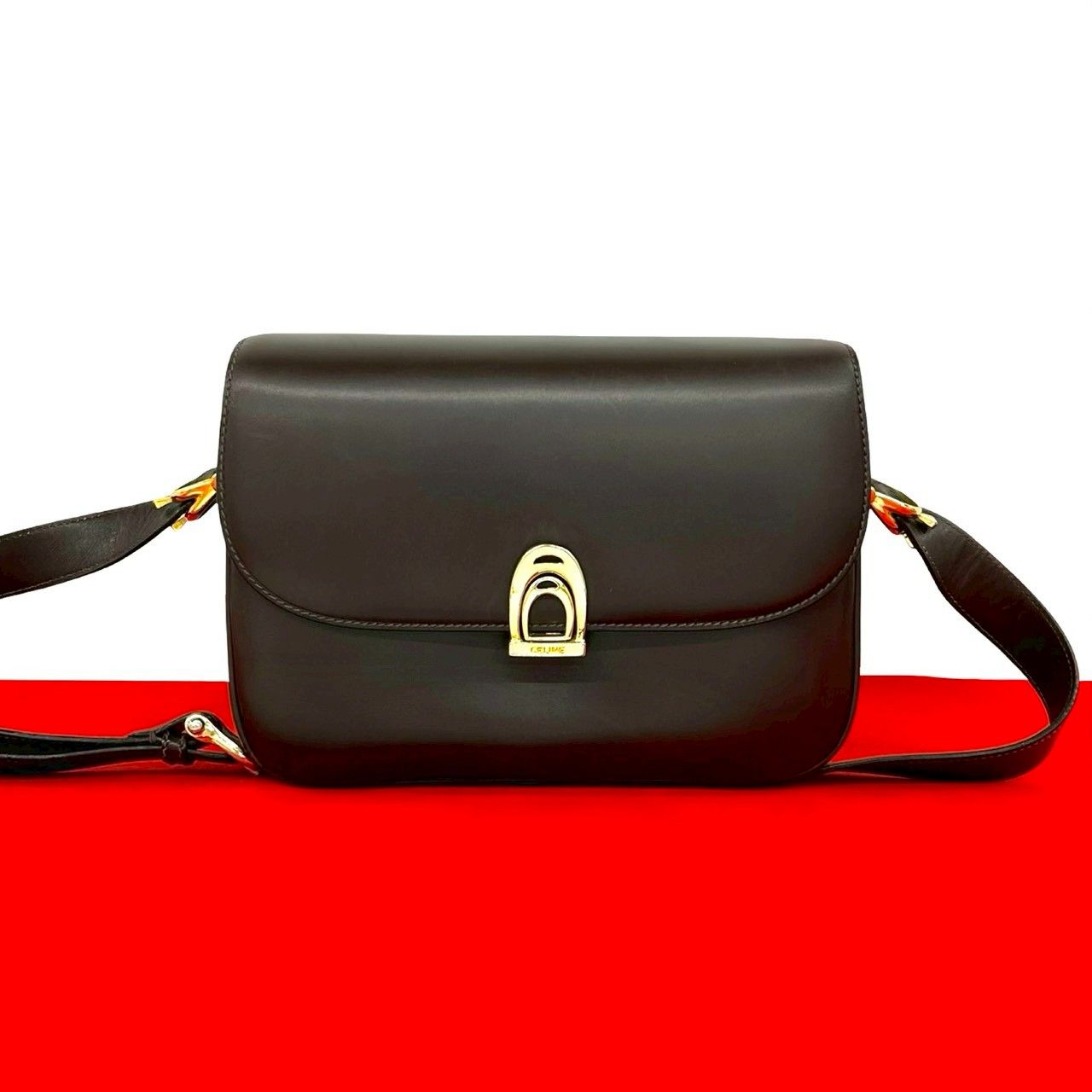 極 美品 CELINE セリーヌ ヴィンテージ ロゴ 金具 カーフ レザー