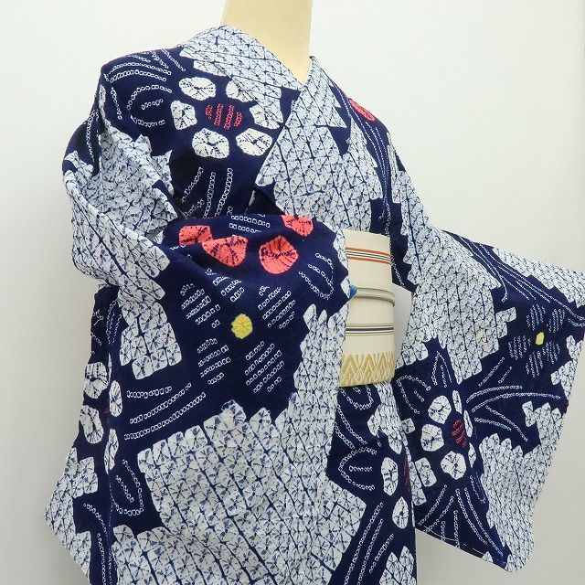 美品 有松鳴海絞り 高級浴衣 綿 着物 A3140 六花-RIKKA- 美品 有松鳴海