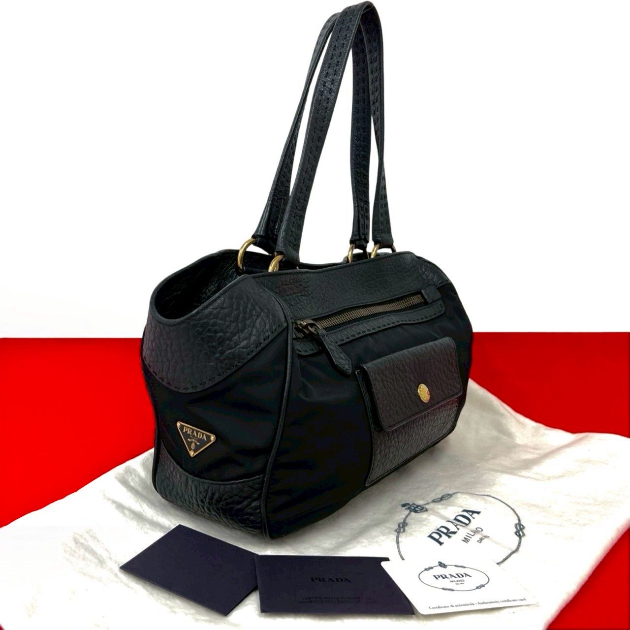 希少 PRADA/プラダ トートバッグ ハンドバッグ ゴールド三角ロゴ 