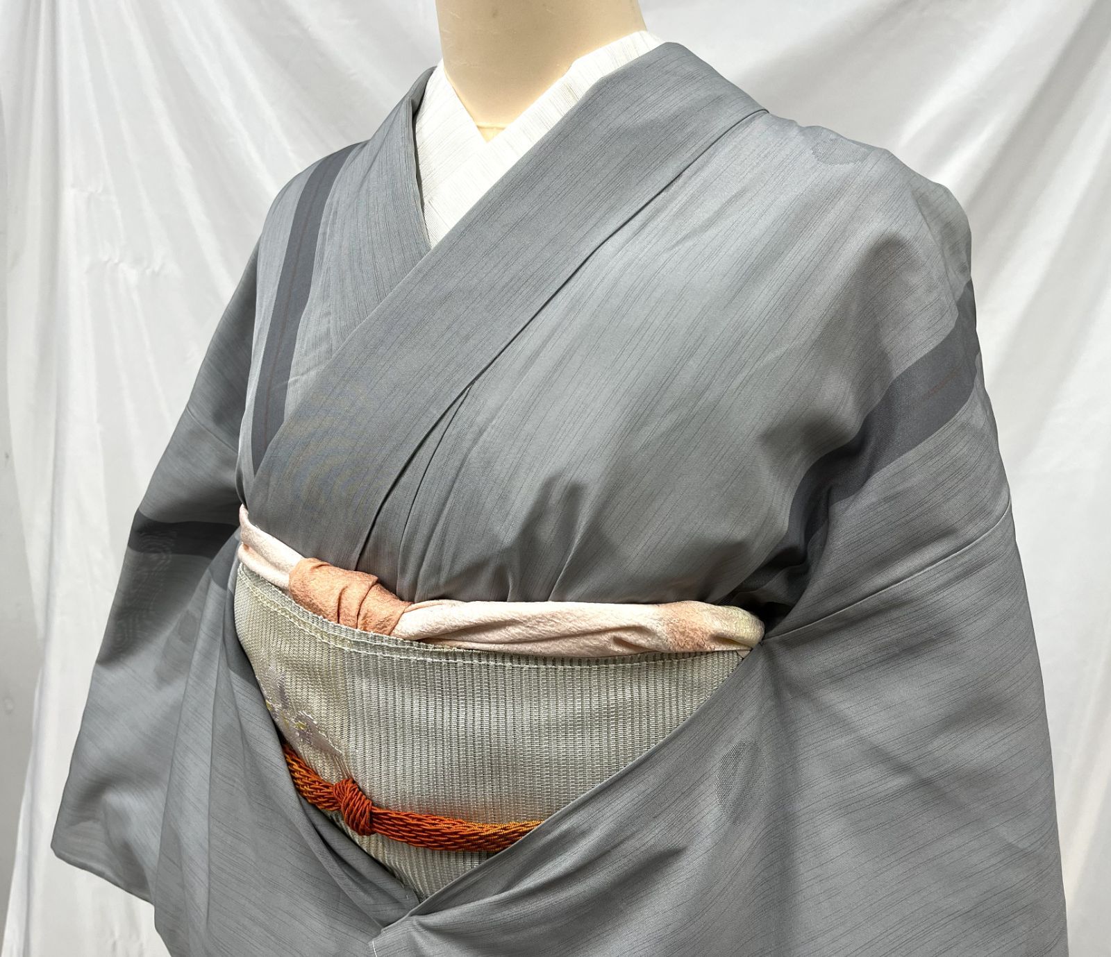 すごい値！夏物 小紋 着物 単衣 高級 洗える ポリエステル 白グレー 