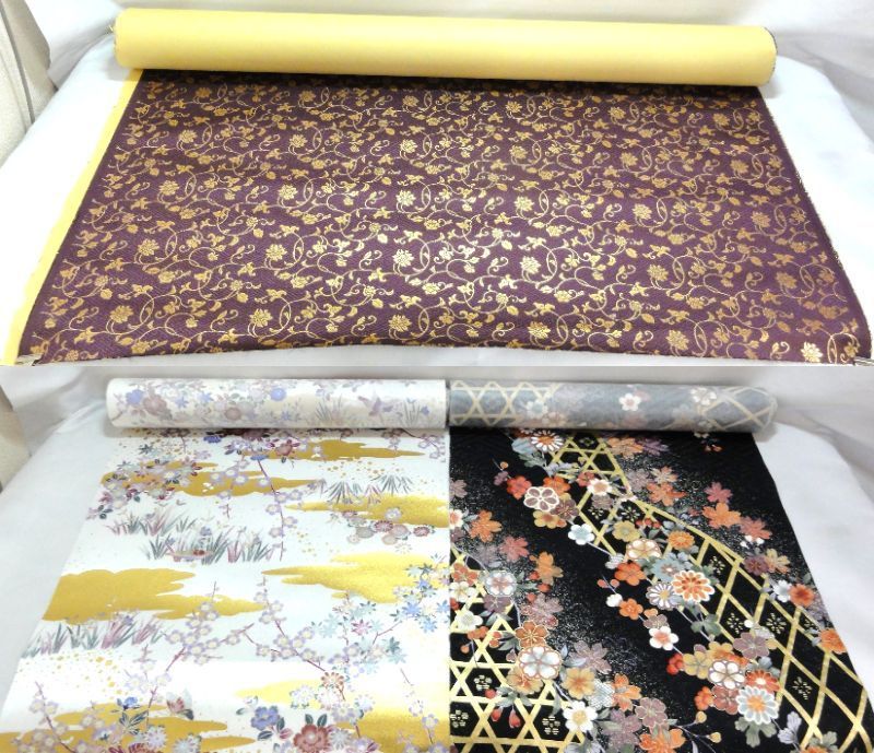 M0194 和工芸 和紙 シート地 金襴 金らん 紫ベース/白ベース/黒ベース 3種セット 人形飾り ケース 屏風 パーツ お守り 袱紗 御朱印帳 はぎれ リメイク 和裁 工房放出品 未使用分 M[宅100]0890 和工芸 和紙 シート地 金襴 金らん 紫ベース/白ベース/黒
