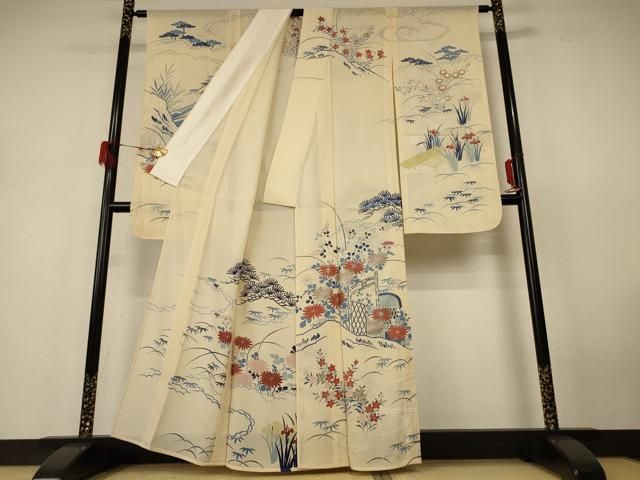 平和屋着物＊夏物　振袖　絽　駒刺繍　風景草花文　銀彩　正絹　逸品　AABH6436jd 平和屋着物＊夏物 振袖 絽 駒刺繍 風景草花文 銀彩 正絹 逸品