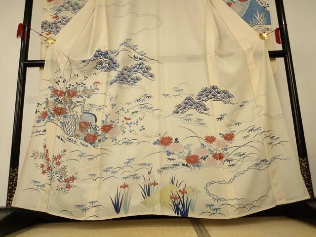 平和屋着物＊夏物　振袖　絽　駒刺繍　風景草花文　銀彩　正絹　逸品　AABH6436jd 平和屋着物＊夏物 振袖 絽 駒刺繍 風景草花文 銀彩 正絹 逸品