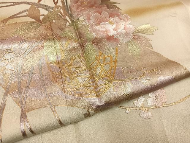 平和屋着物○訪問着 地紙枝花文 宝彩友仙 金銀彩 反端付き 正絹 逸品