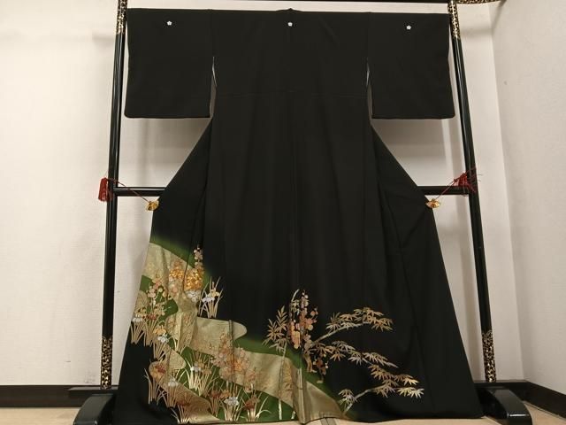 平和屋着物●豪華黒留袖　駒刺繍　流水草花文　金銀彩　正絹　逸品　AABH6828ph 平和屋着物○豪華黒留袖 駒刺繍 流水草花文 金銀彩 正絹 逸品