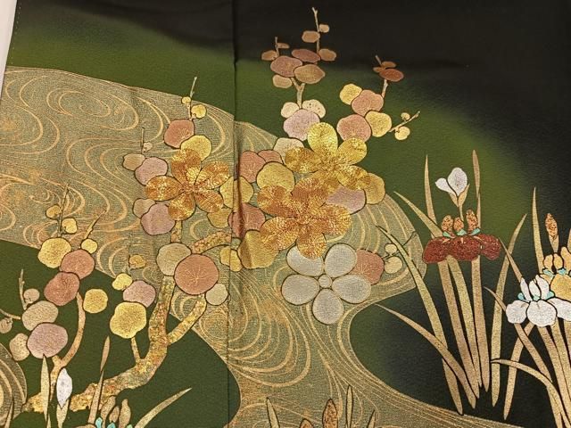 平和屋着物●豪華黒留袖　駒刺繍　流水草花文　金銀彩　正絹　逸品　AABH6828ph 平和屋着物○豪華黒留袖 駒刺繍 流水草花文 金銀彩 正絹 逸品