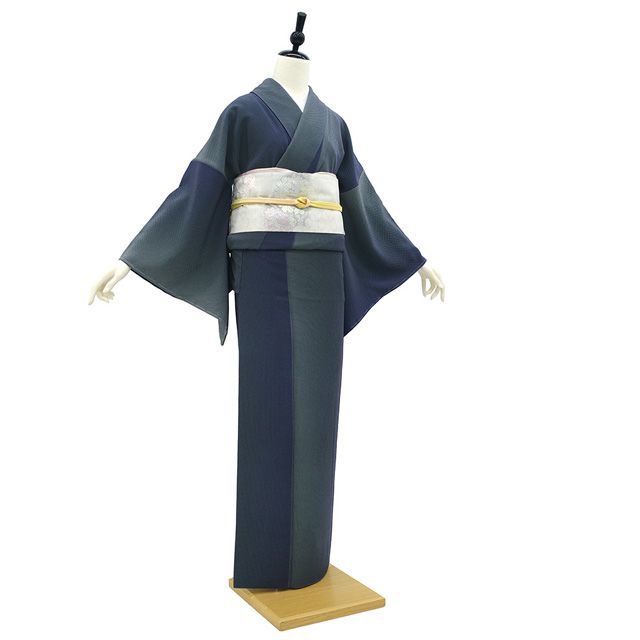 新古品】 小紋 着物 正絹 袷 ネイビーブルー グレー ドット 水玉 