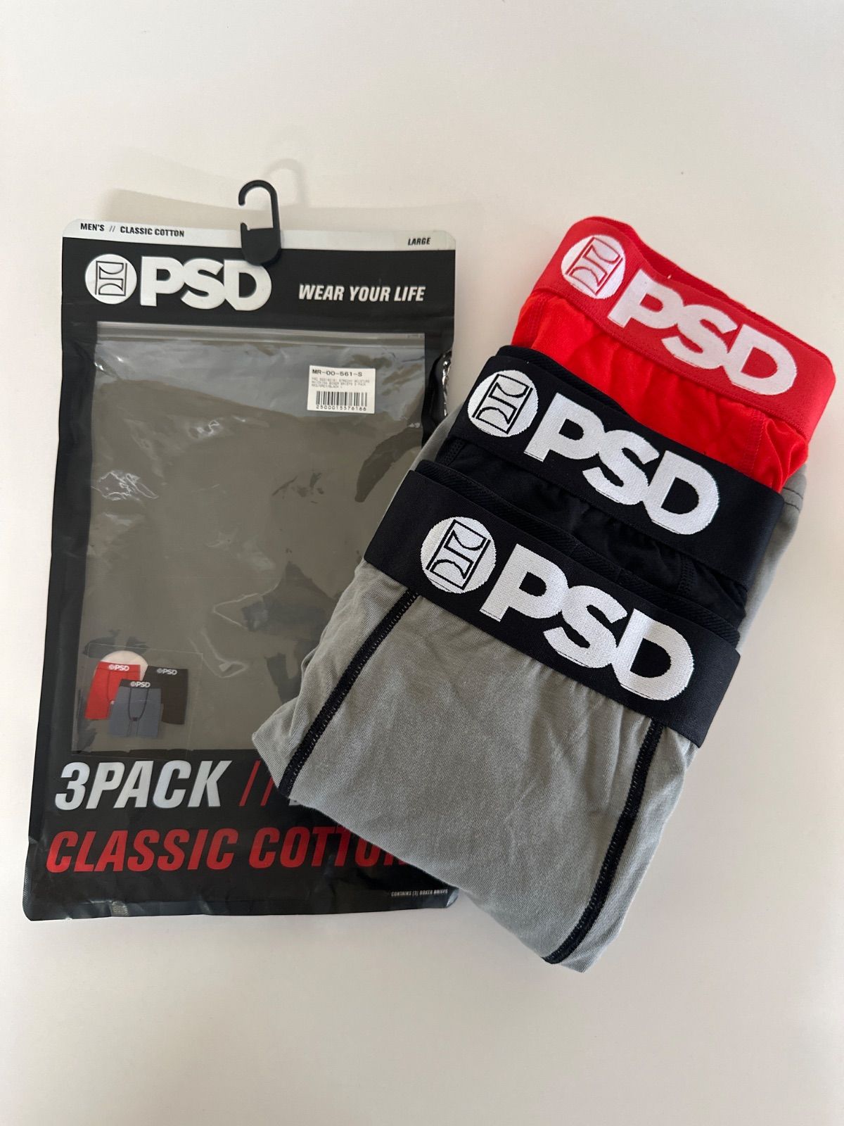 【新品未使用】PSD 322180161 メンズ ボクサーパンツ アンダーウェア 下着 3枚セット STRECHY MOISTURE WHICKING BOXER BRIEFS 3 PACK RED/GREY/BLACK L