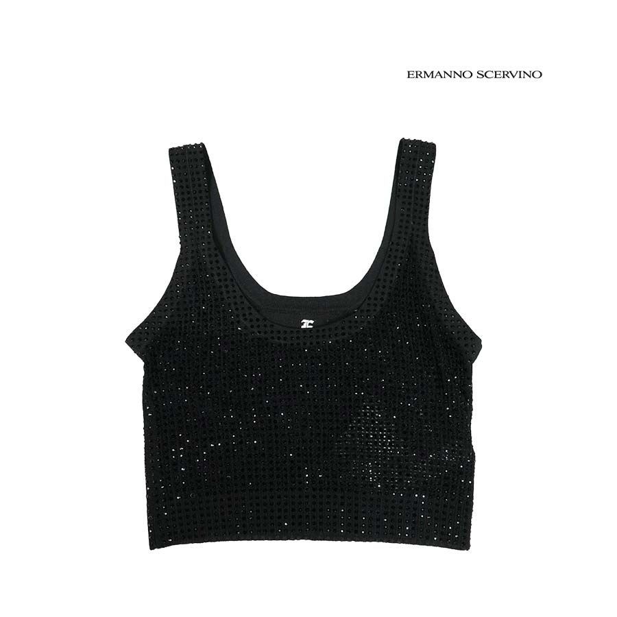 【定価￥180,000の90％OFF】ERMANNO SCERVINO【エルマンノ シェルヴィーノ】ラインストーン飾りメッシュニットショートタンクトップ/ブラック【サイズ40】【イタリア製】