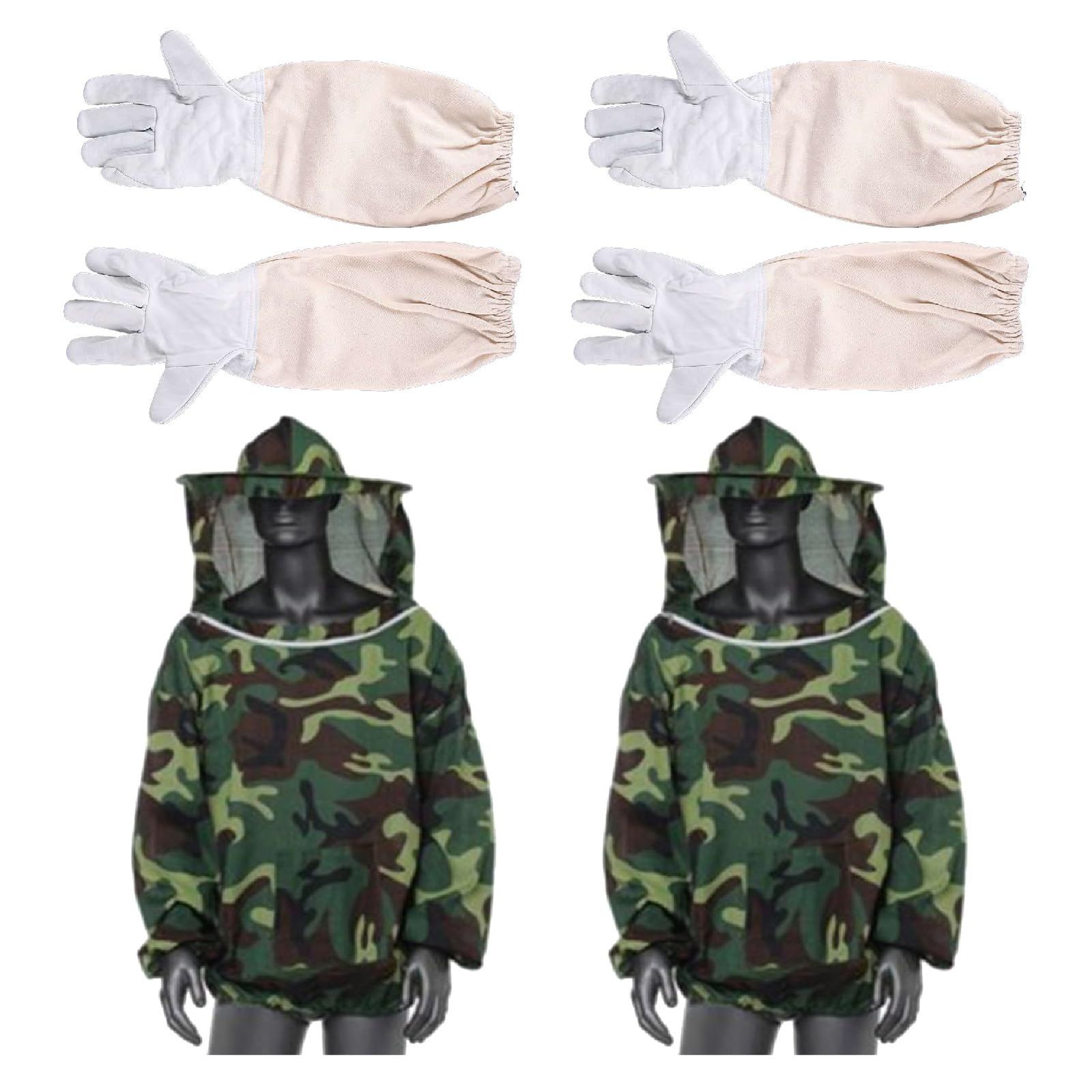 [Famimueno] 養蜂用品 防護 服 手袋 帽子 フェイスネット 防虫 農業 作業 駆除 蚊 ハチ (迷彩色防護服2着+手袋2双のセット) [迷彩色防護服2着+手袋2双のセット]