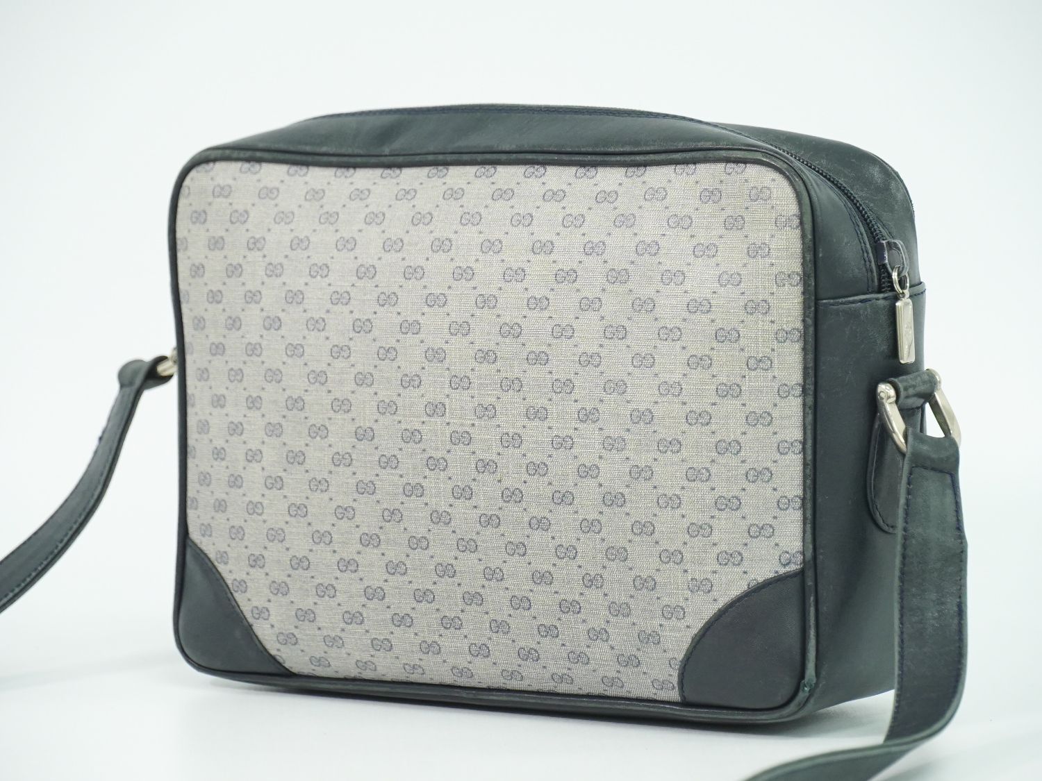 本物 グッチ GUCCI オールドグッチ マイクロGG ショルダーバッグ ポシェット PVC グレー ネイビー バッグ 中古・ GUCCI - 本物 グッチ GUCCI オールドグッチ マイクロGG ショルダー