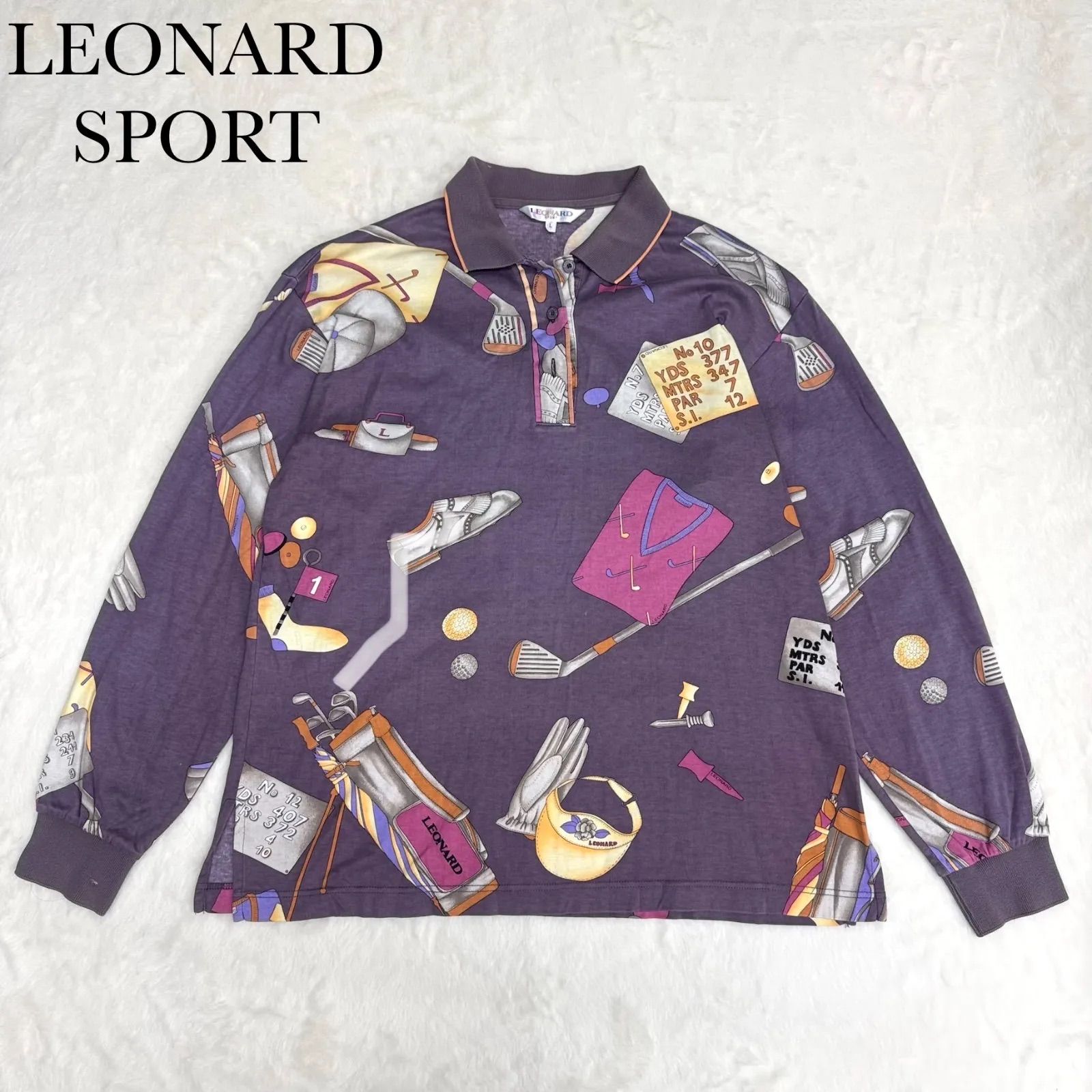 LEONARD SPORTS レオナール 総柄 ポロシャツ 長袖 ゴルフ柄 紫 L相当