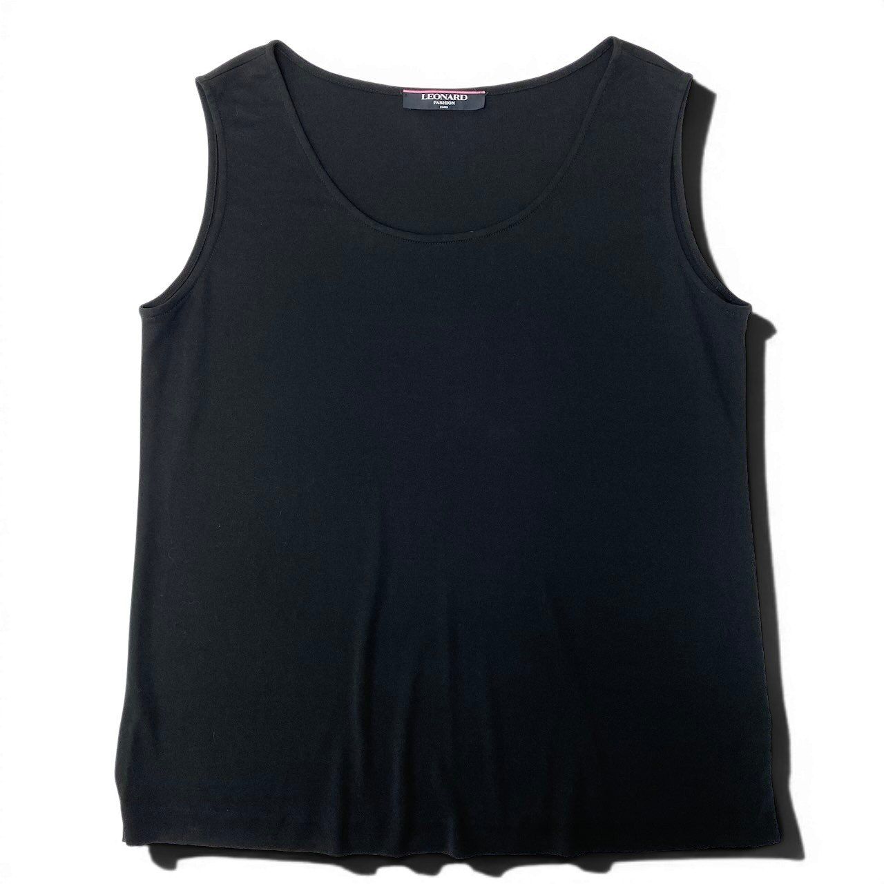 48ⅾ15 LEONARD FASHION レオナール ノースリーブカットソー カンカン素材 薄手 トップス サイズL 無地 ブラック レディース 女性用u02t 48ⅾ15 LEONARD FASHION レオナール ノースリーブカットソー カンカン