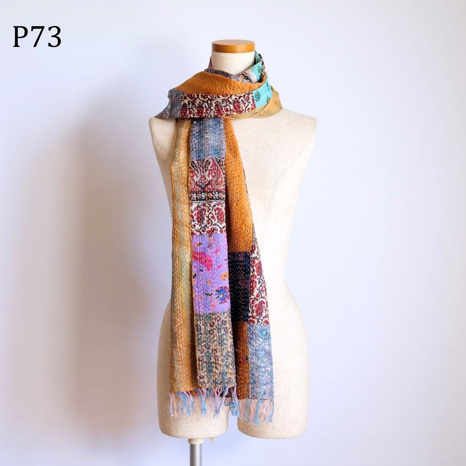 レインボー高級シルク金糸刺繍 ストール手織りセンターランナー未使用1点物 金糸刺繍入りタッサーシルクストール | nuu