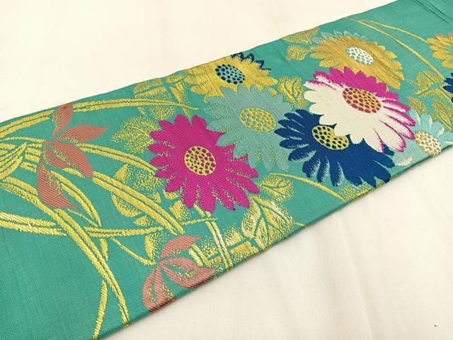 平和屋着物●アンティーク　大正ロマン　九寸名古屋帯　唐織　七宝花文　正絹　逸品　DABB9809du 平和屋着物○アンティーク 大正ロマン 九寸名古屋帯 唐織 七宝花文