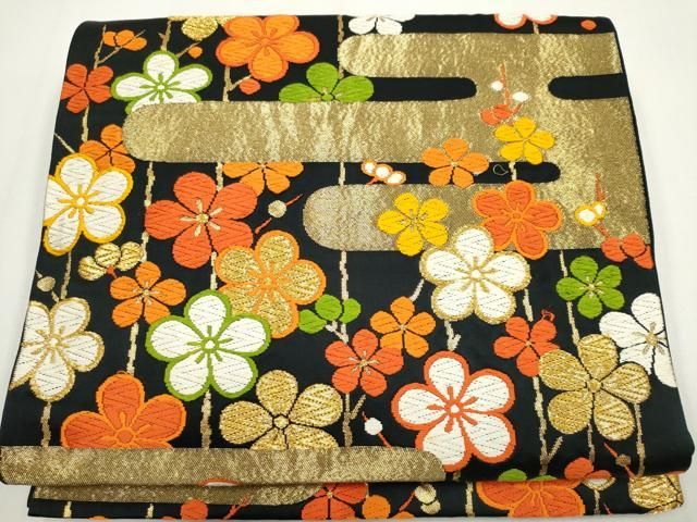 平和屋着物●六通柄袋帯　唐織　舞花文　黒地　金銀糸　正絹　逸品　CABE4436hy 平和屋着物○六通柄袋帯 唐織 舞花文 黒地 金銀糸 正絹 逸品