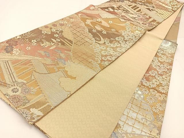 平和屋着物◎佐賀錦 六通柄袋帯 飛鶴風景花文 金銀糸 正絹 逸品